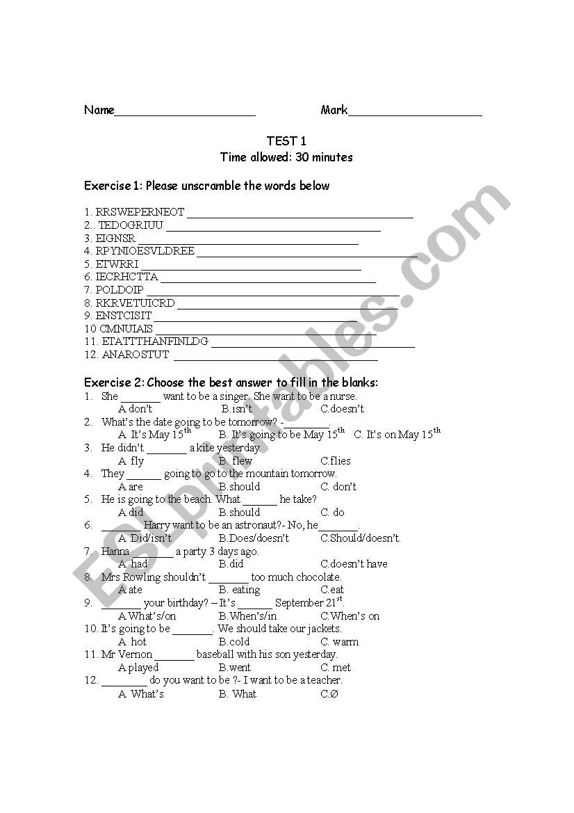 Lets Go 4 test worksheet
