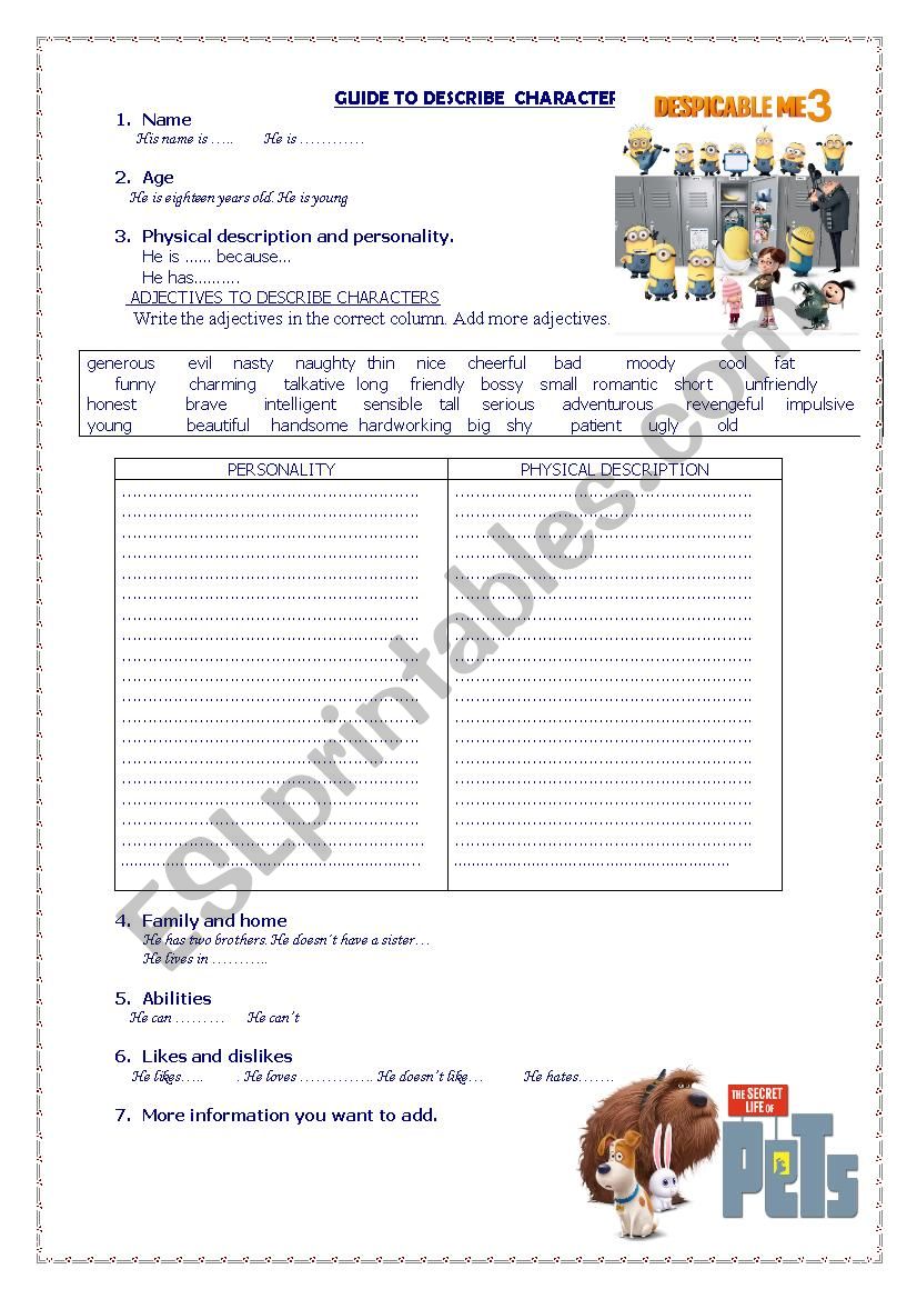 Guide to describe characters worksheet