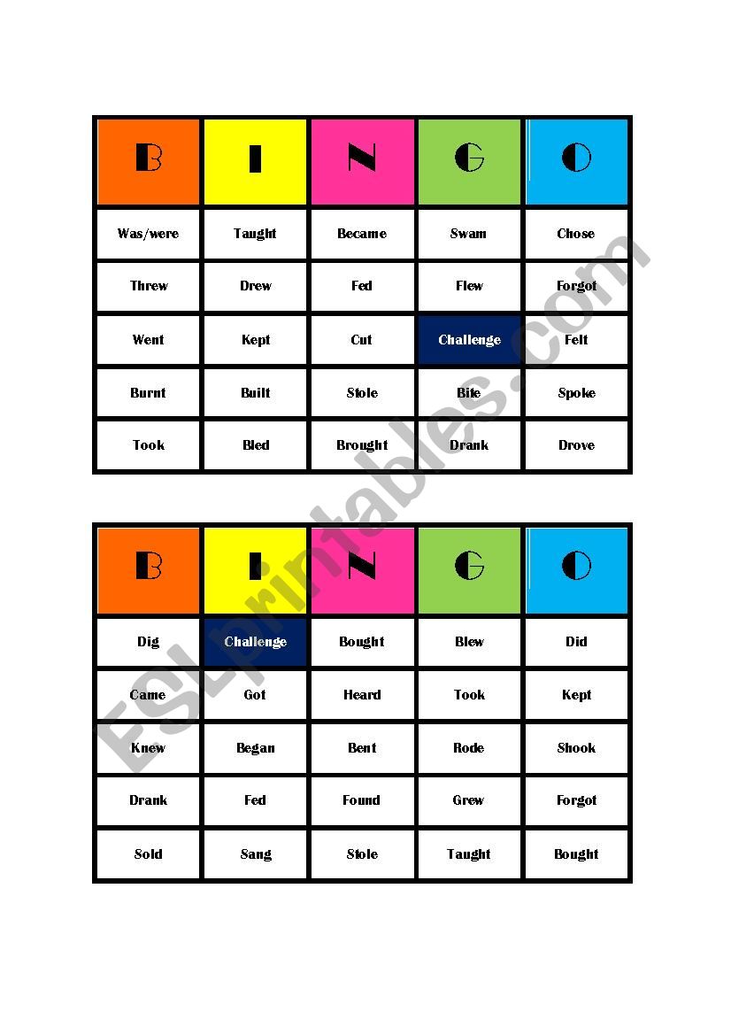 Irregular verbs bingo worksheet