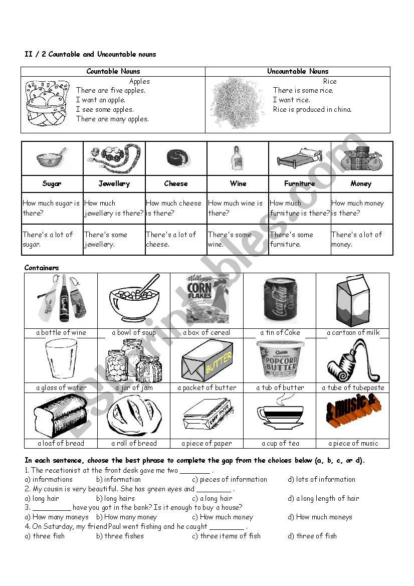 Countable and Uncountable Nouns Exercises