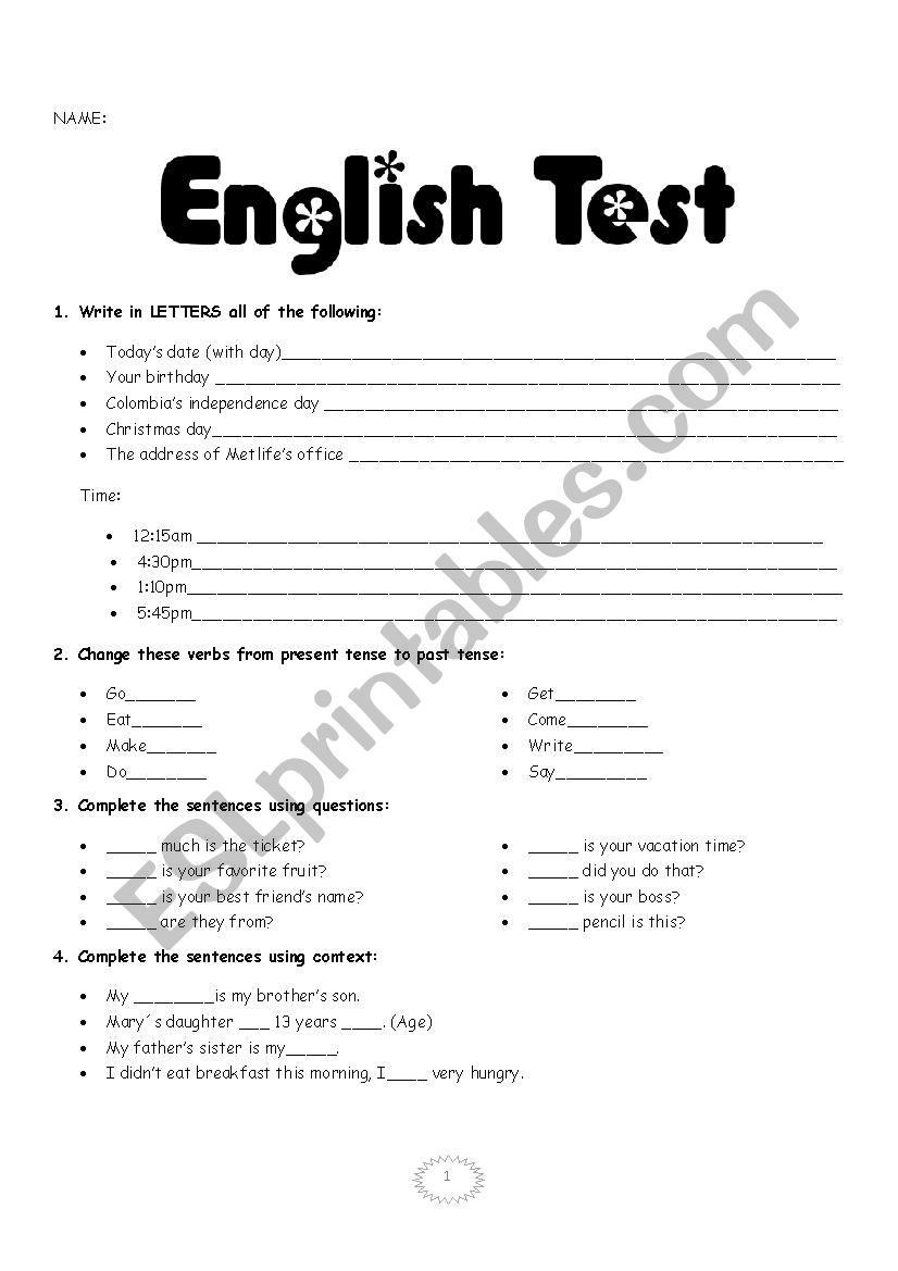 English test worksheet
