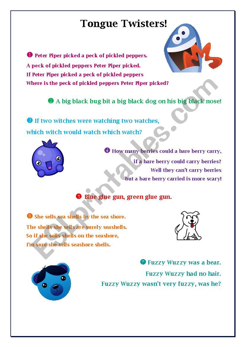 Tongue Twisters for children worksheet
