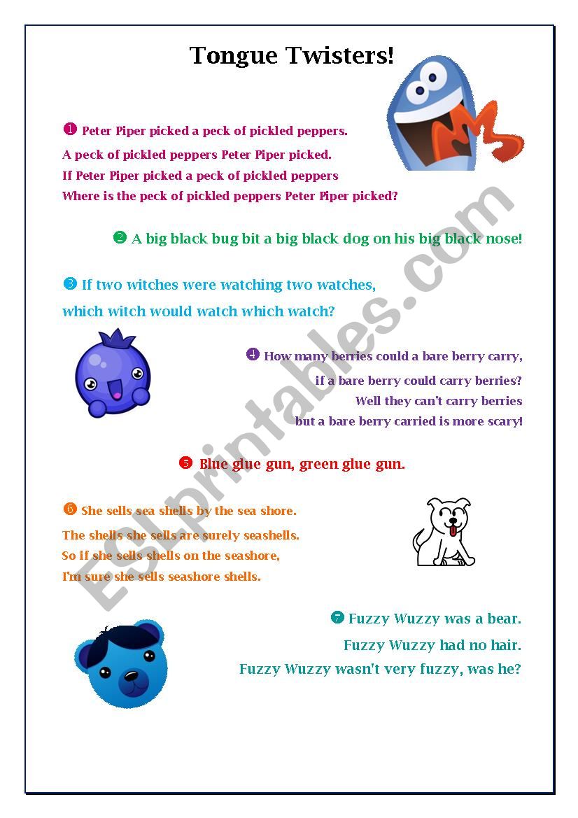 Tongue Twisters for children worksheet