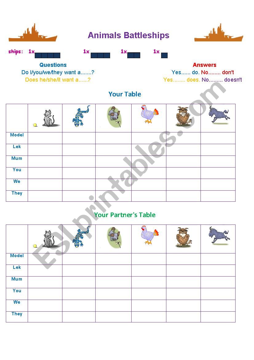 Animals Battleships worksheet