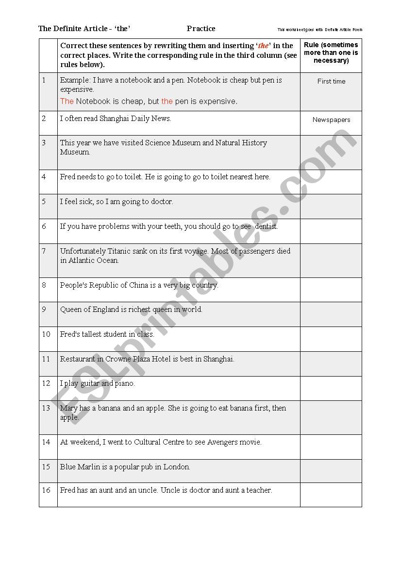 Uses of the definite article (worksheet to accompany Definite Article Poem printable)