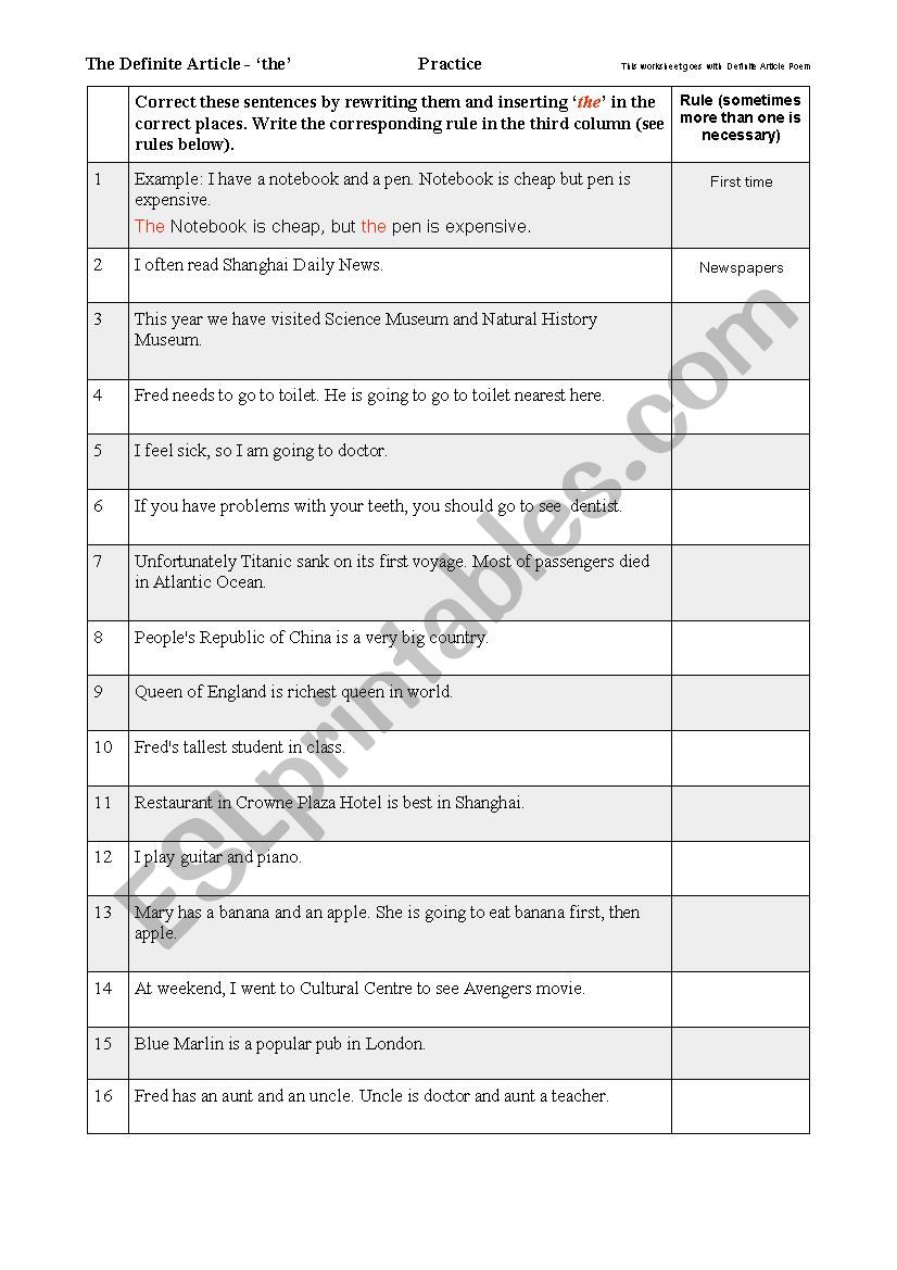 Uses of the definite article (worksheet to accompany Definite Article Poem printable)