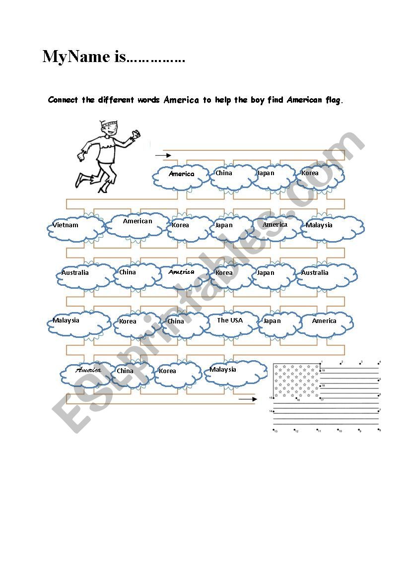 Connect the different words America to help the boy find American flag.