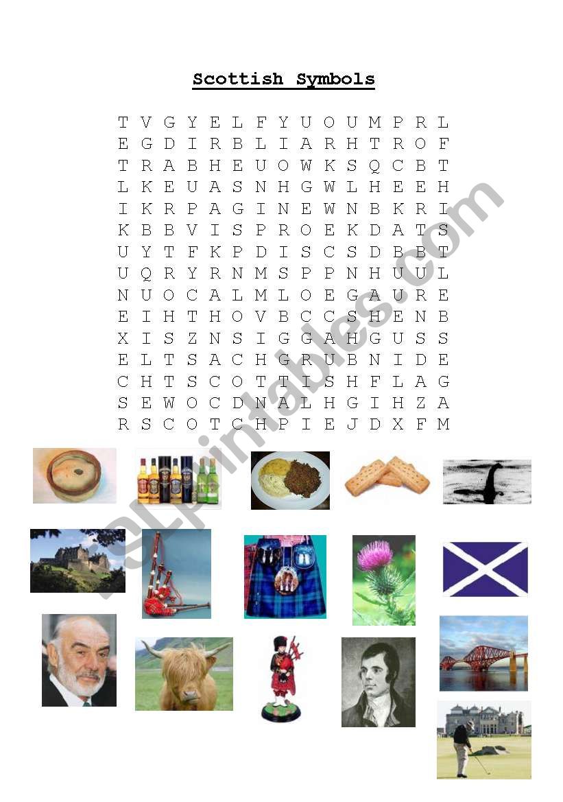 Scottish Symbols Wordsearch worksheet