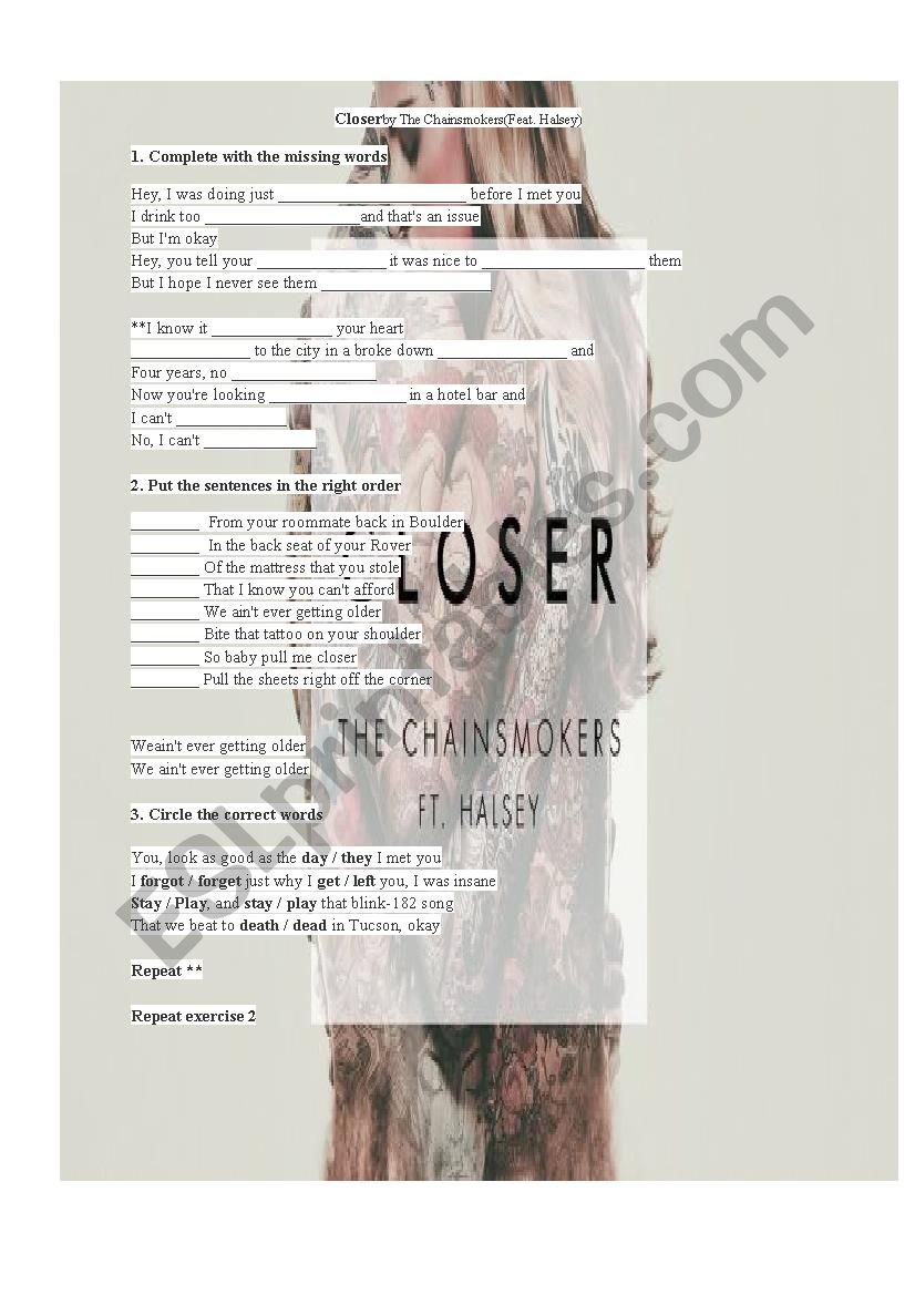Closer by Chainsmokers worksheet