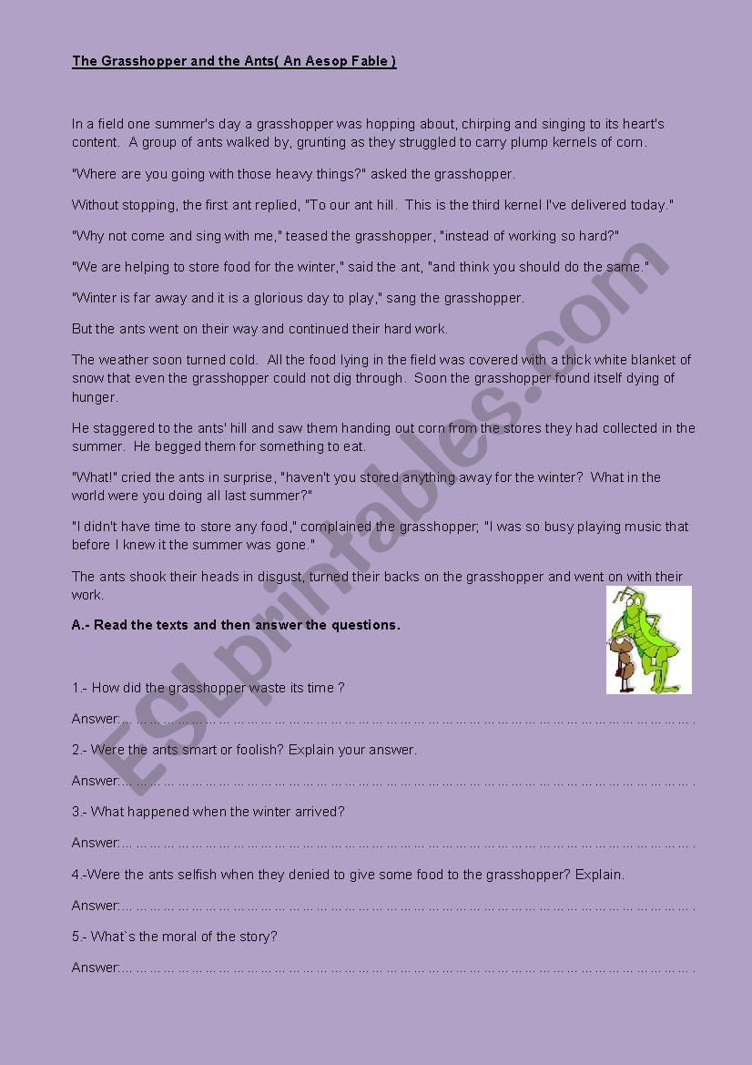 The Grasshopper and the Ants worksheet