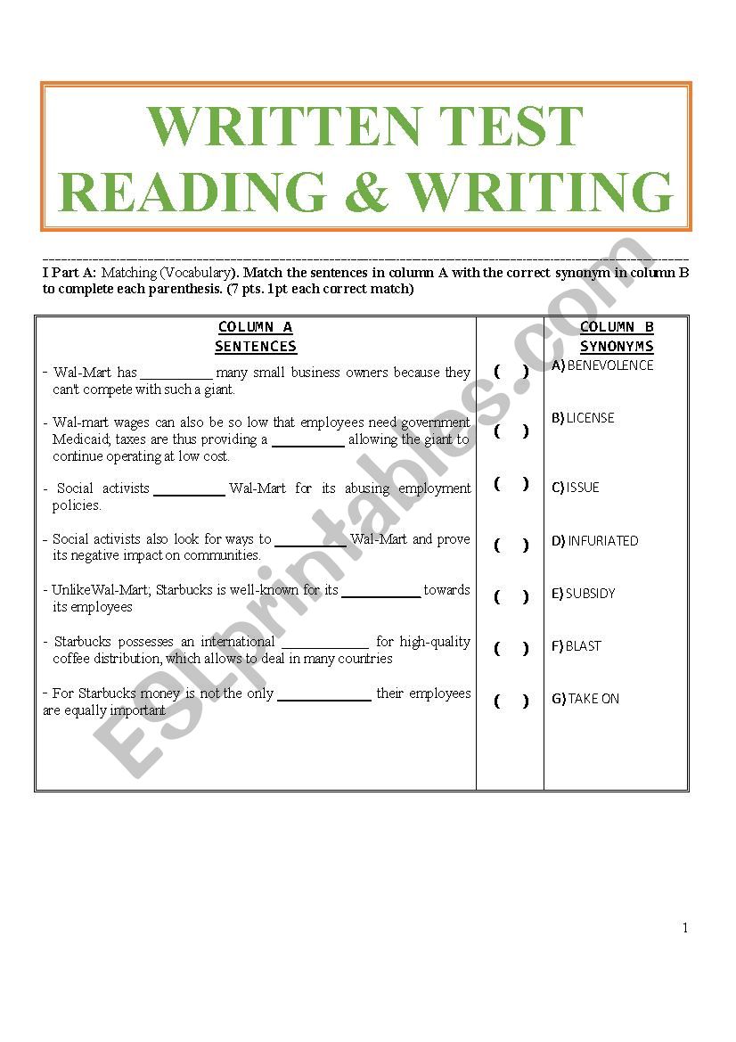 Vocabulary & Reading worksheet