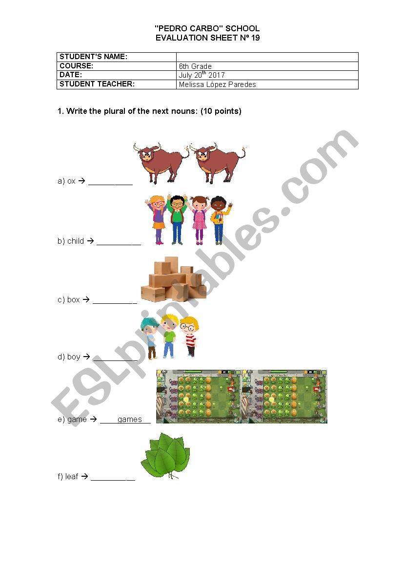 Plural Nouns Forms worksheet