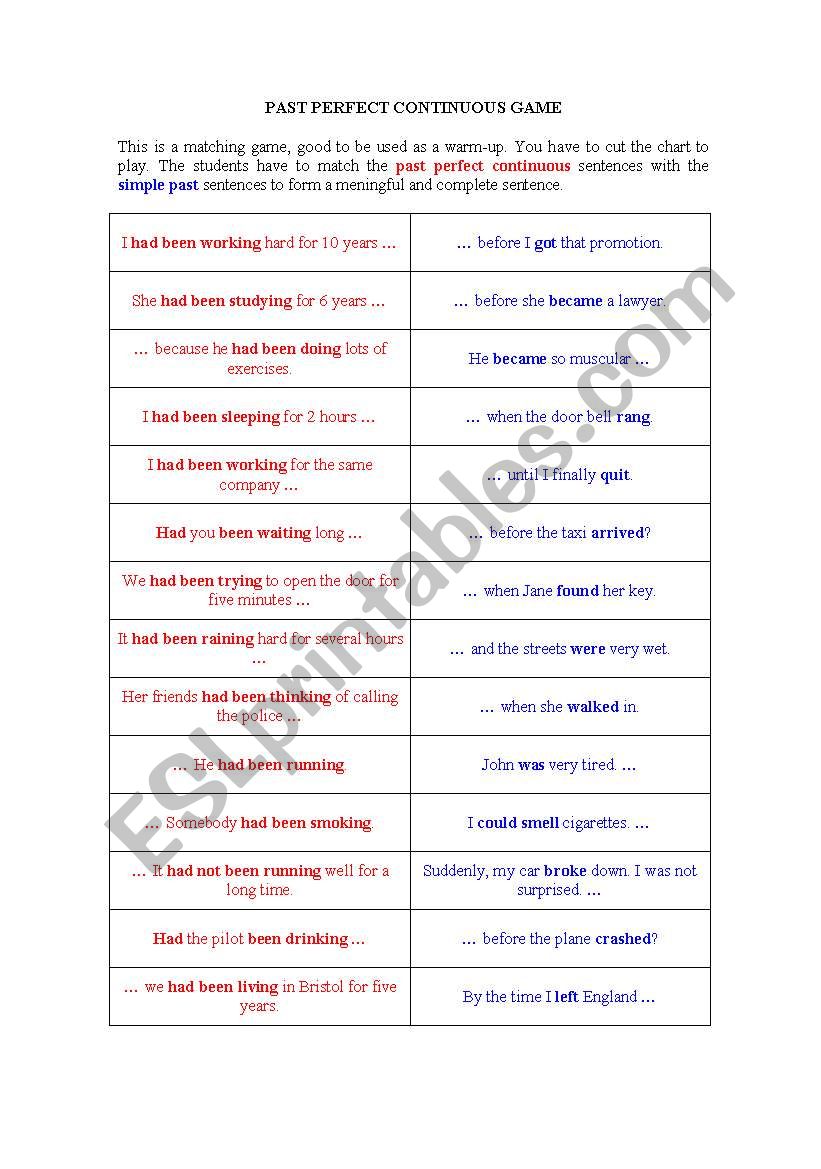 PAST PERFECT CONTINUOUS GAME worksheet