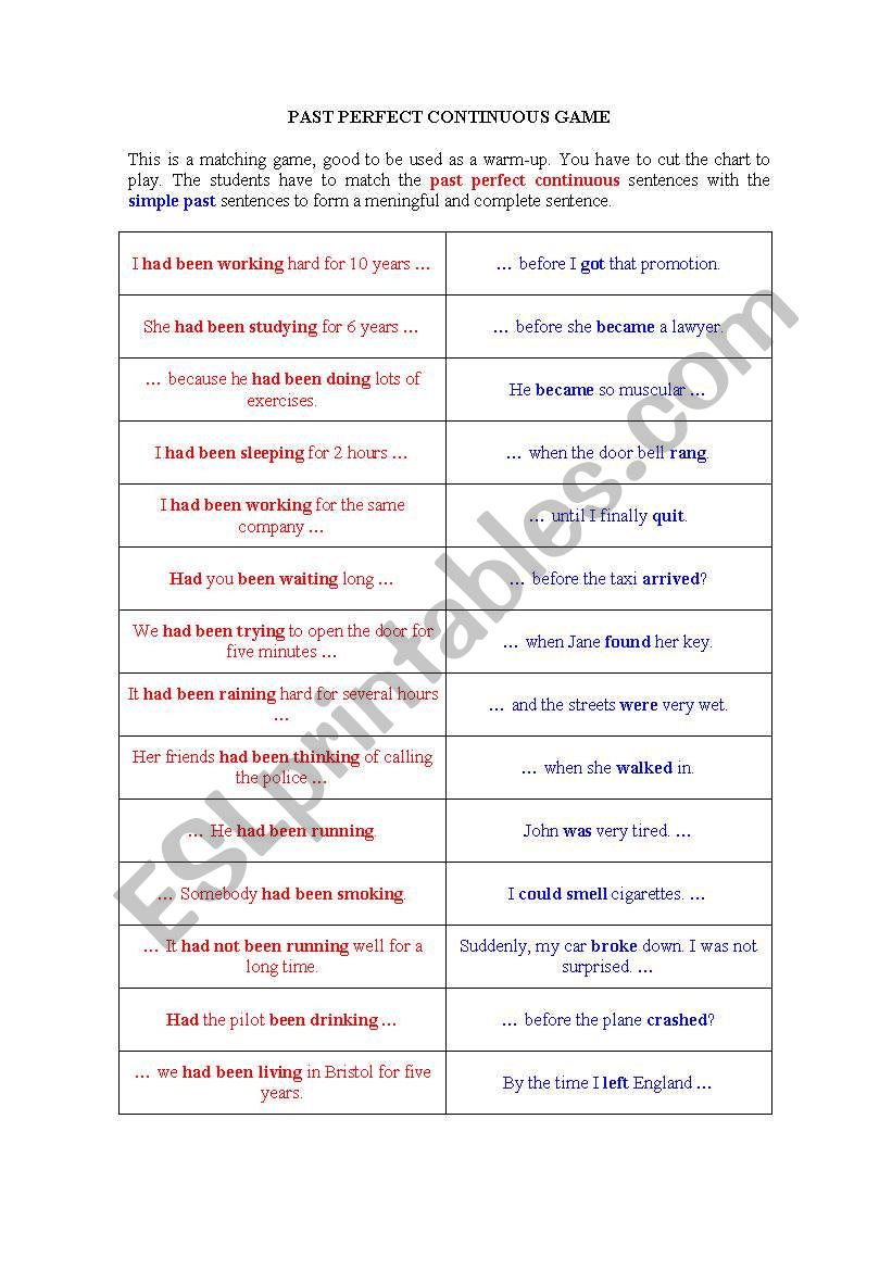 PAST PERFECT CONTINUOUS GAME worksheet