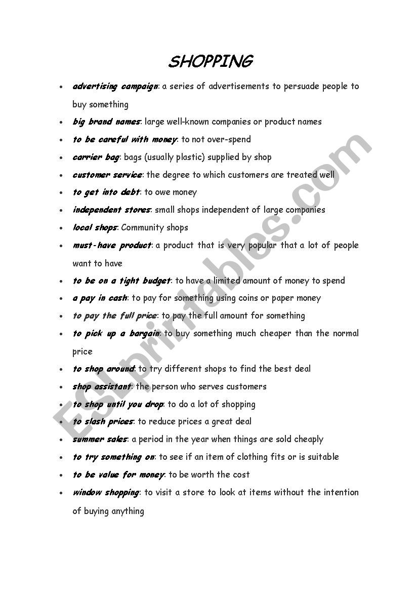 Shopping b2 Vocabulary and Questions Speaking