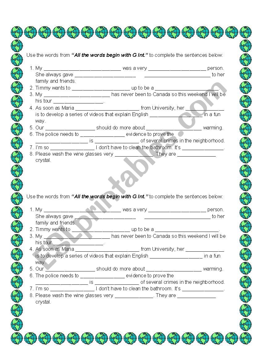 All the words begin with G int. Sentences