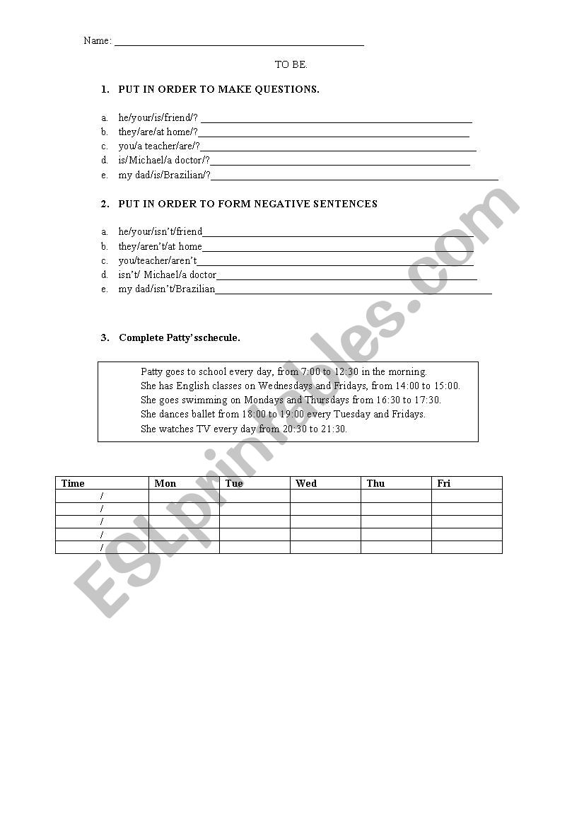 Negative/interrogative to be  worksheet