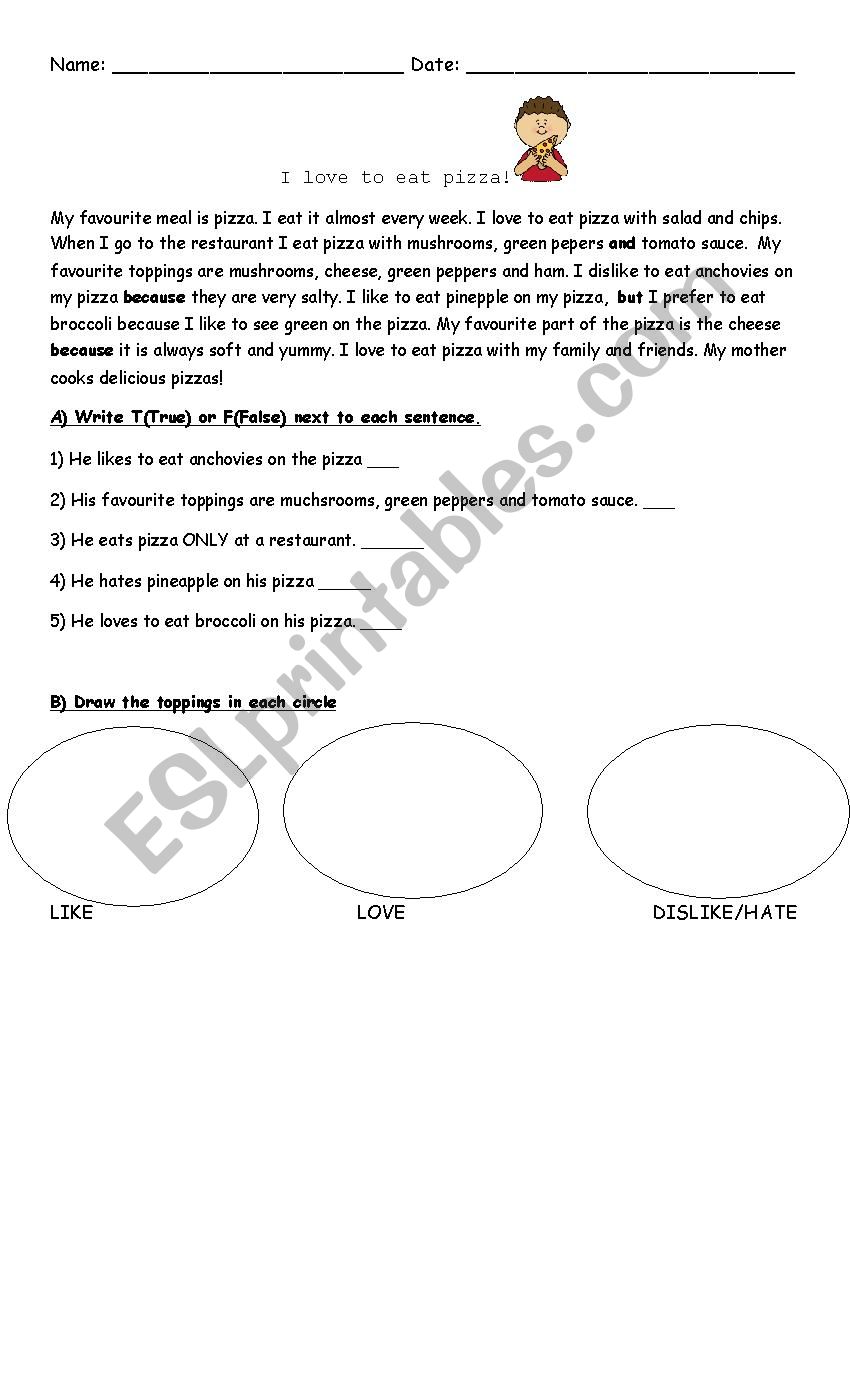 Reading Comprehension PIZZA worksheet