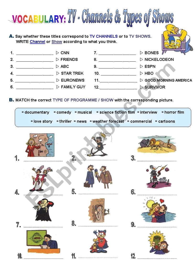 TV channels & Types of Shows worksheet