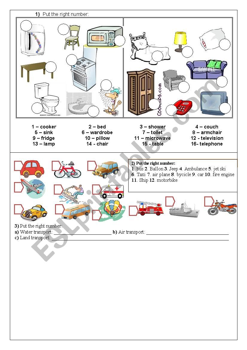 Furniture and transport worksheet