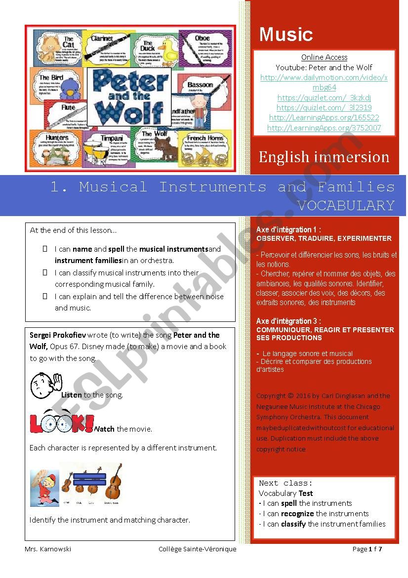 1. Musical Instruments and Families VOCABULARY