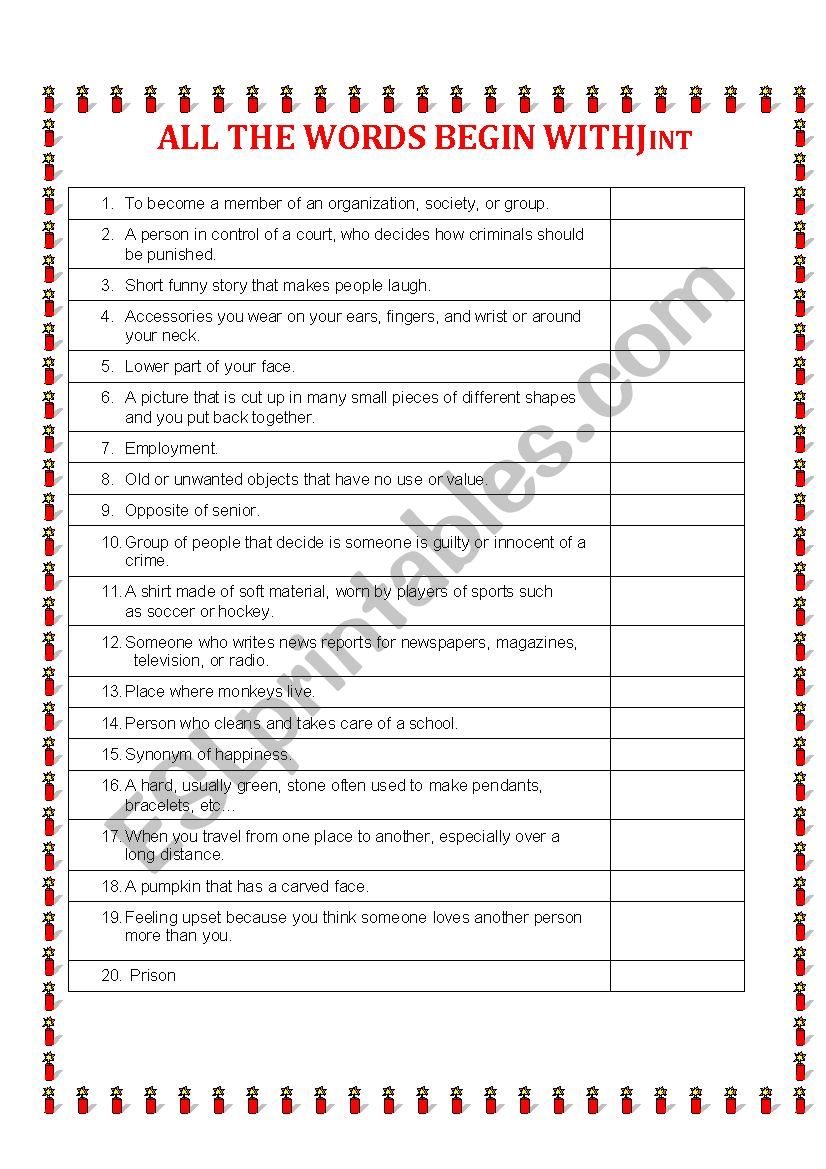 All the words begin with J intermediate - ESL worksheet by anahutten