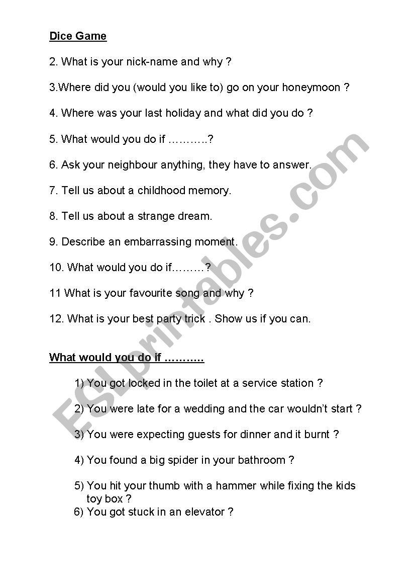 Ice breaker dice game worksheet