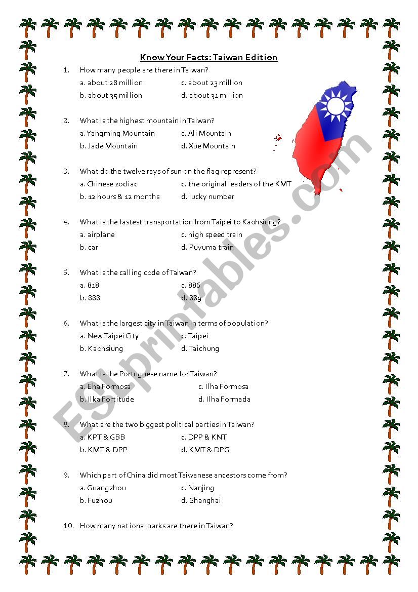 Taiwan Trivia worksheet