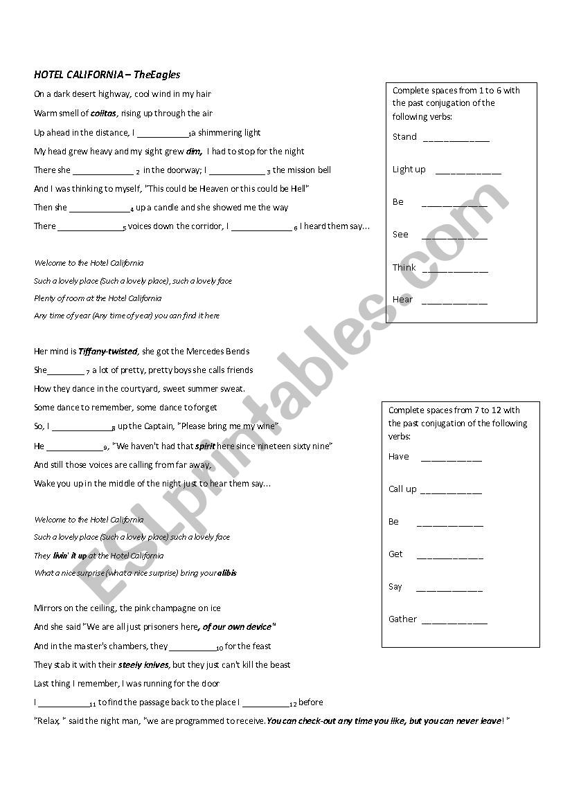 Hotel California  worksheet