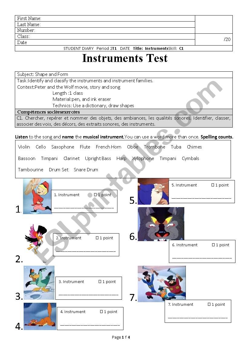 Musical Instruments and Instrument Families Test