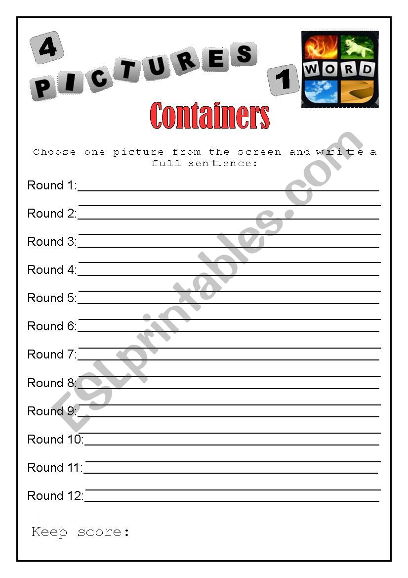 Containers 4 Pics 1 Word Game Worksheet