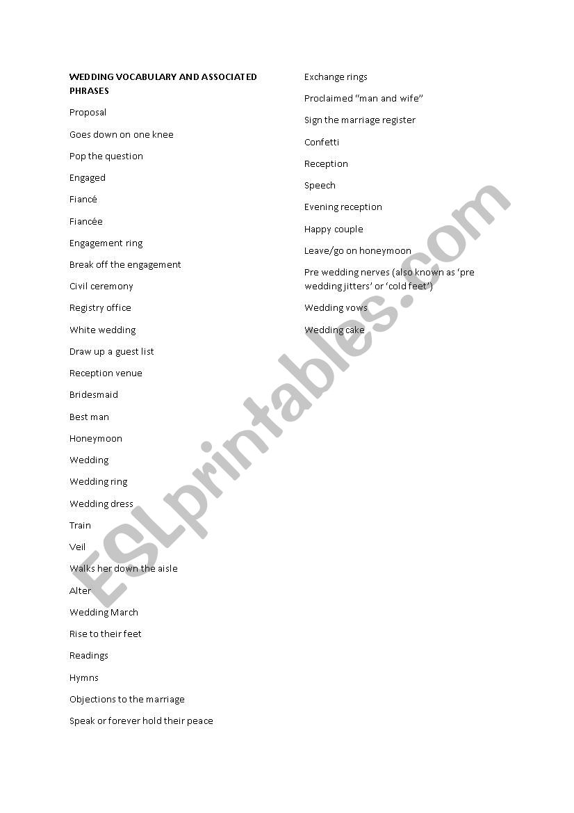 Wedding Vocabulary List worksheet