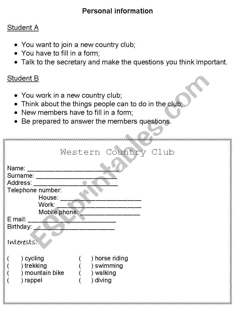 Personal information worksheet