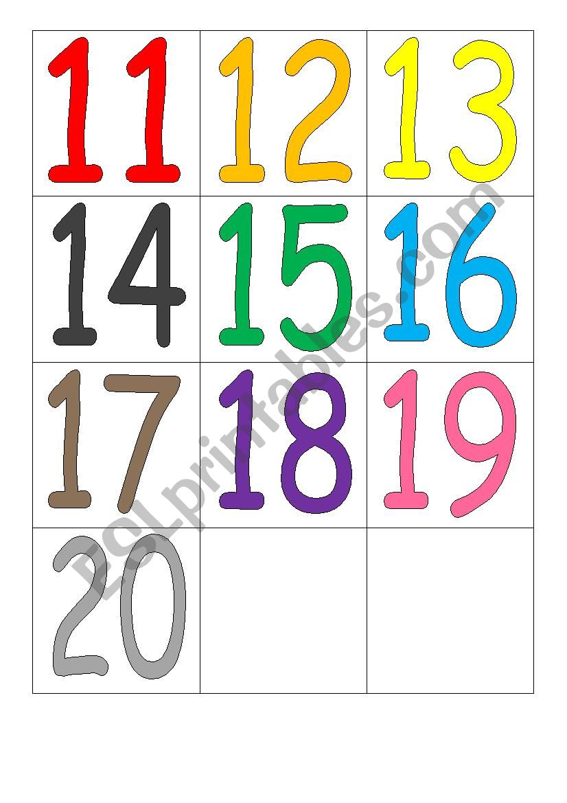 Memory game 11 to 20 worksheet