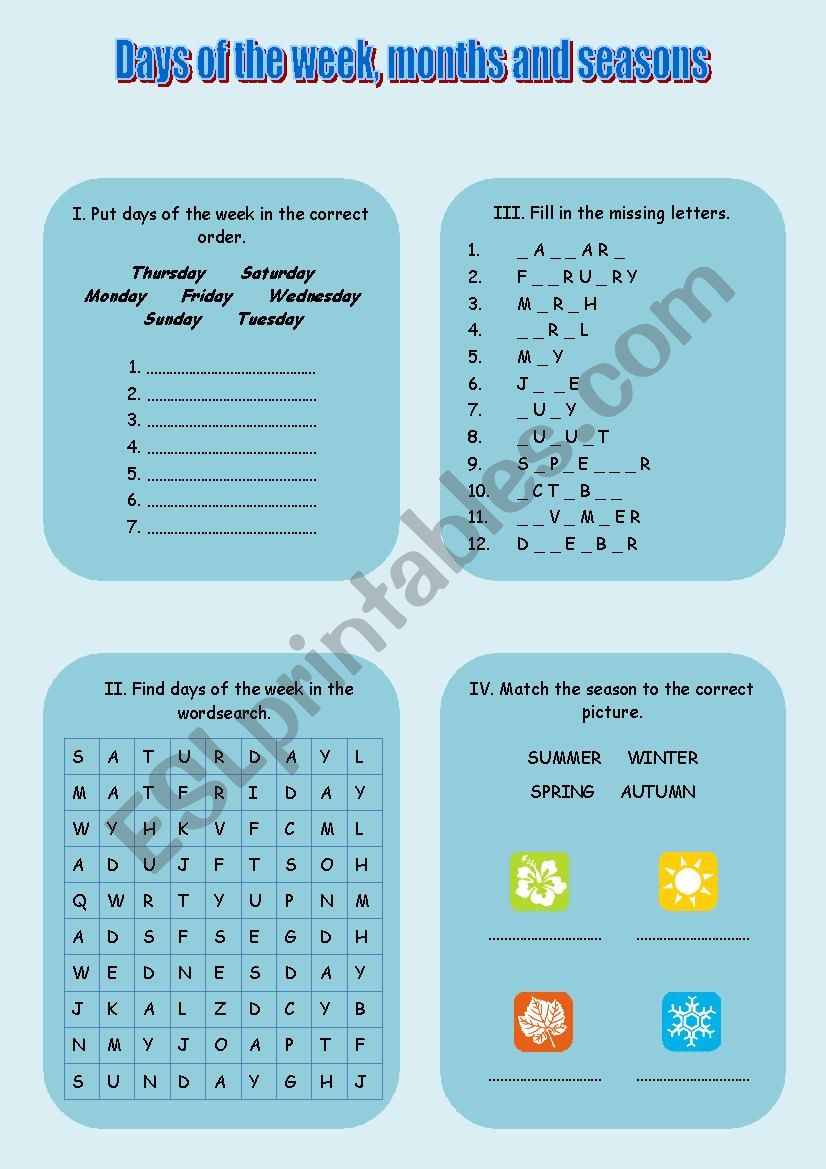 Days of the week, months and seasons