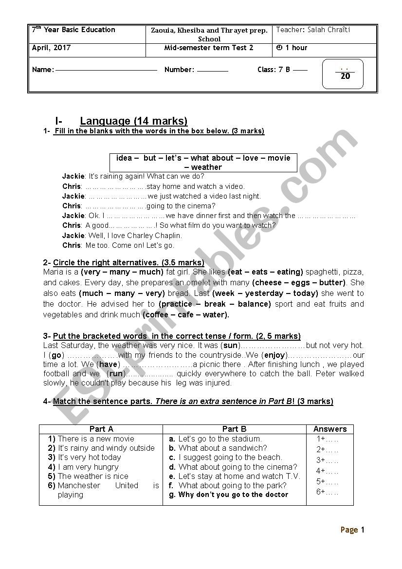 7th Form Semester Test  worksheet