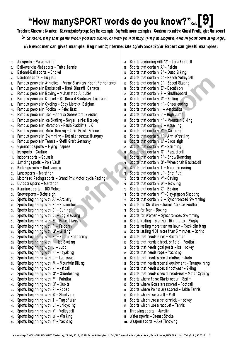 QUIZ GAME 009 Sport worksheet