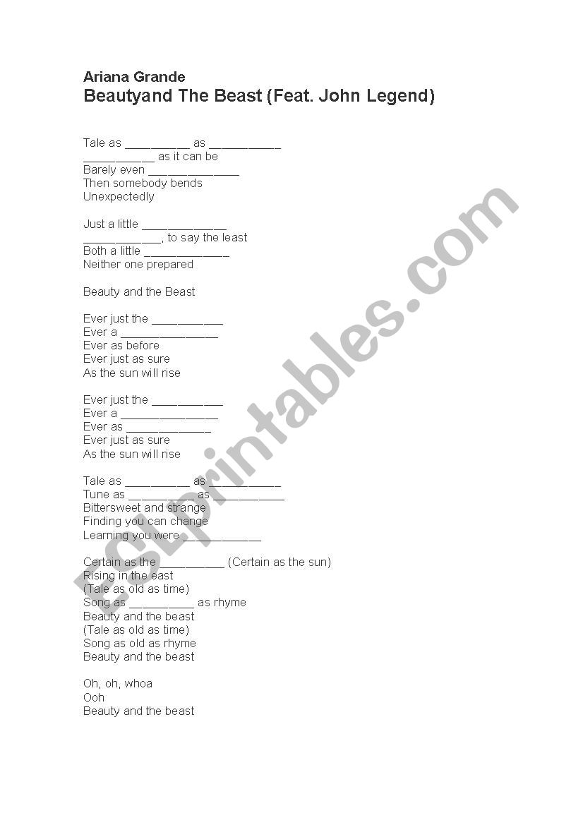 the beauty and the beast Song worksheet