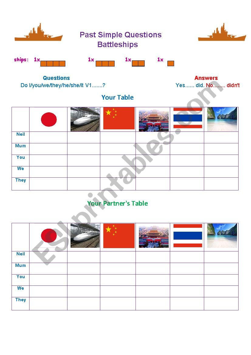 Past Simple Battleships worksheet