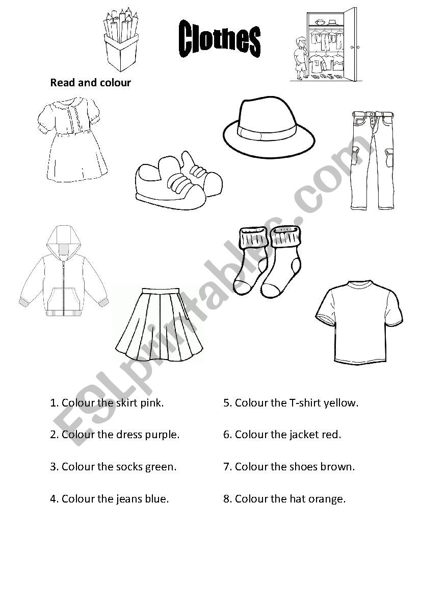 Clothes - read and colour worksheet