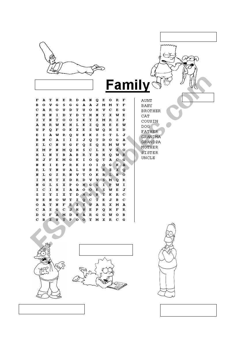 Simpsons family wordsearch worksheet