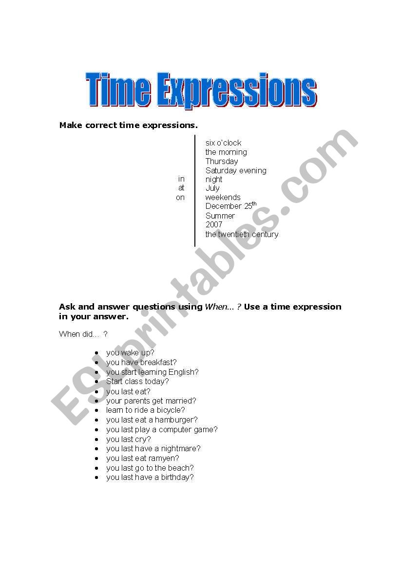 Time Expressions Conversation Worksheet