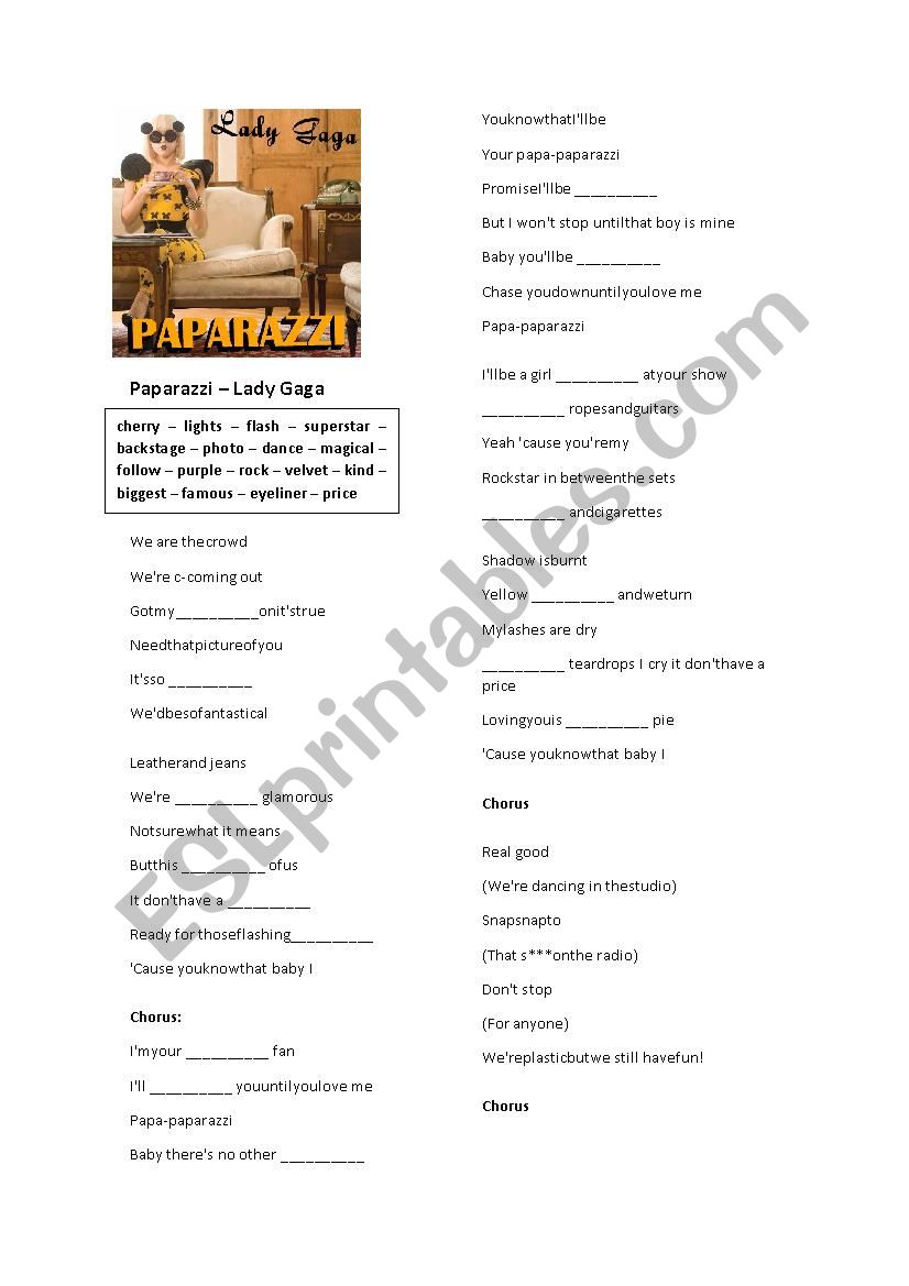 Paparazzi - Lady Gaga worksheet