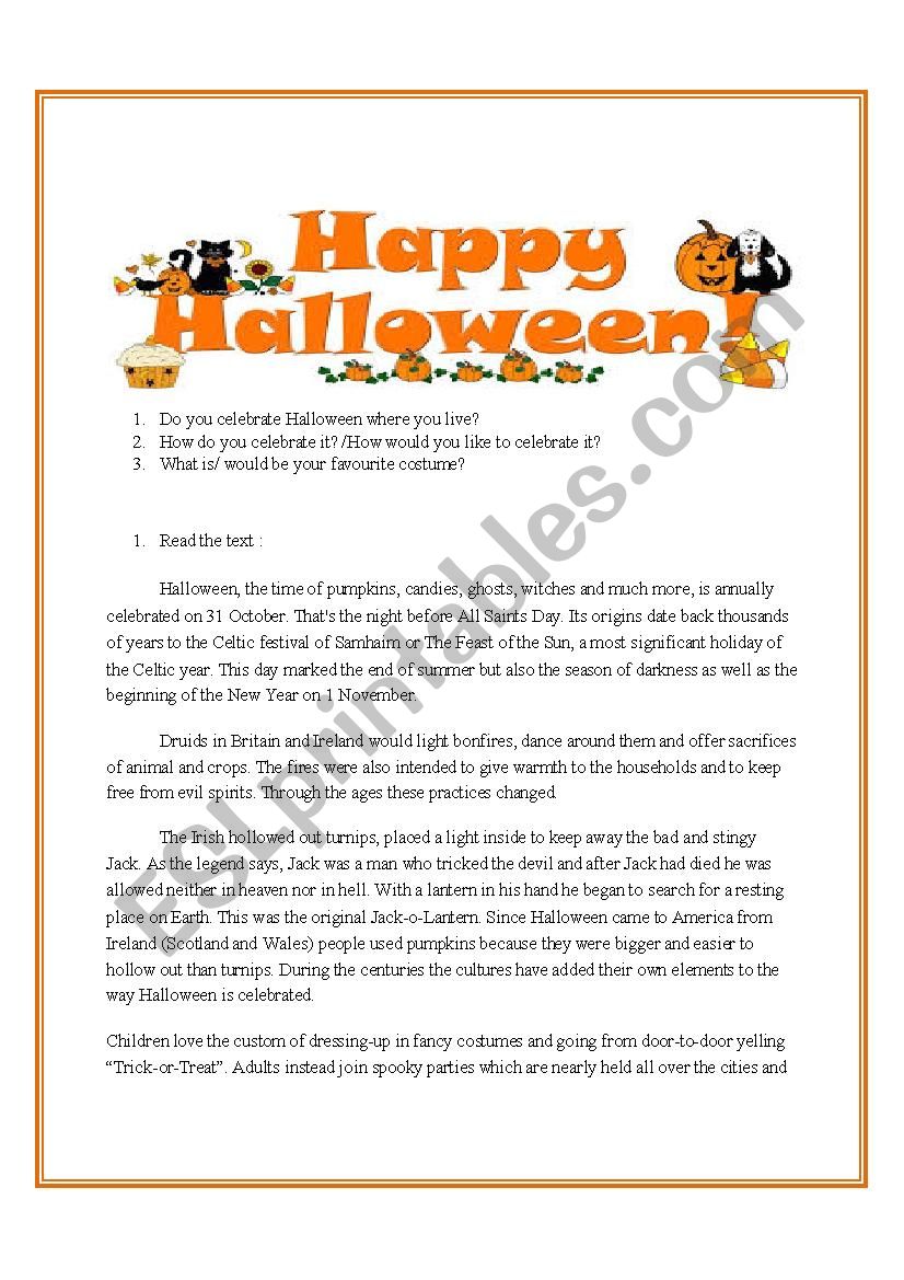 Halloween worksheet with story