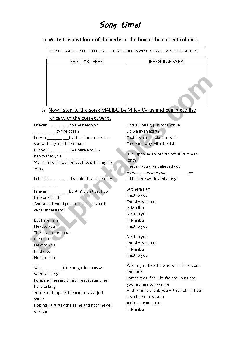 Song Malibu - Simple Past worksheet