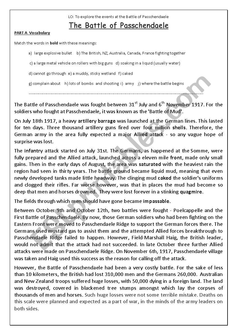 The Battle of Passchendaele worksheet