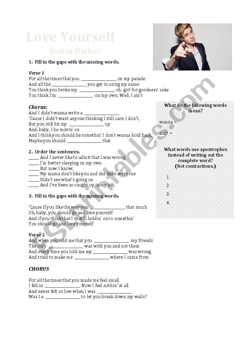 Love yourself - justin bieber worksheet