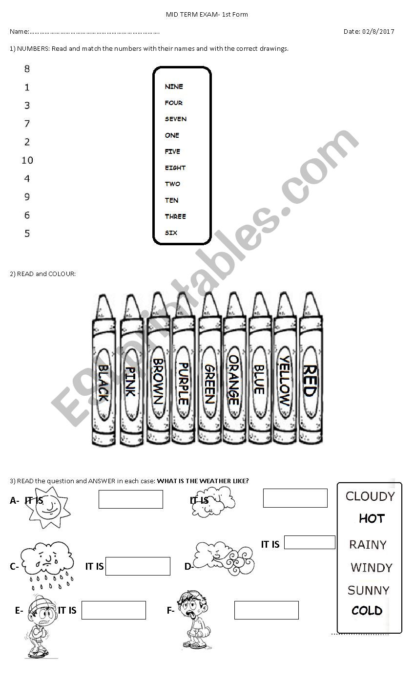 mid term exam for 1st graders worksheet