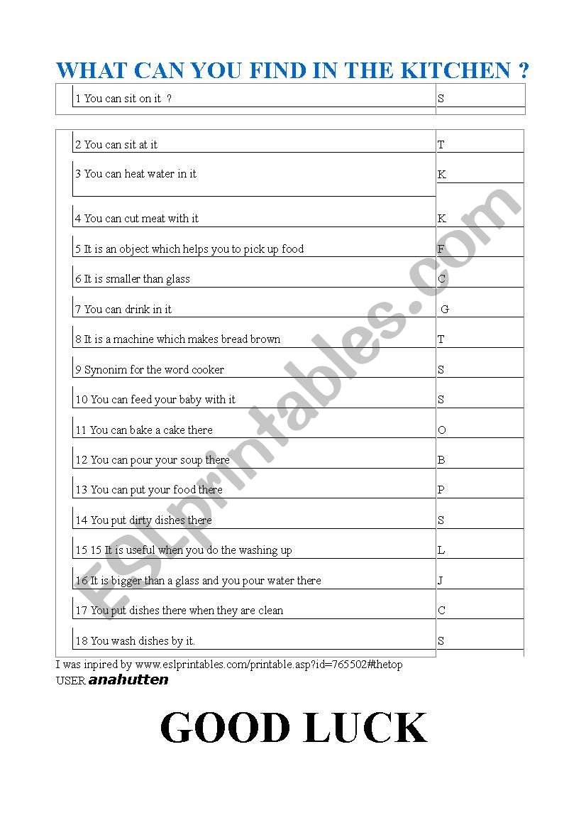 kitchen nouns warm up worksheet