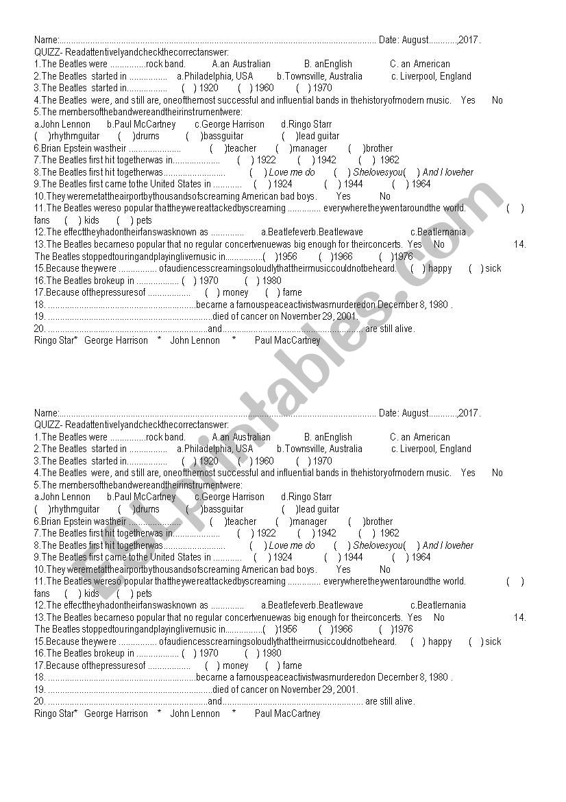 QUIZZ about The Beatles worksheet